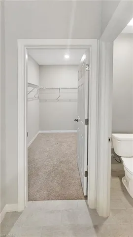 Spacious closet featuring light colored carpet