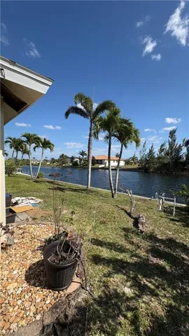Waterfront property featuring a grassy bank, mature palm trees, and canal access