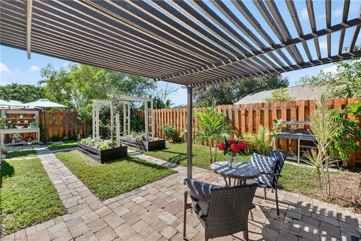 Fenced backyard with a garden, a pergola, and a patio area