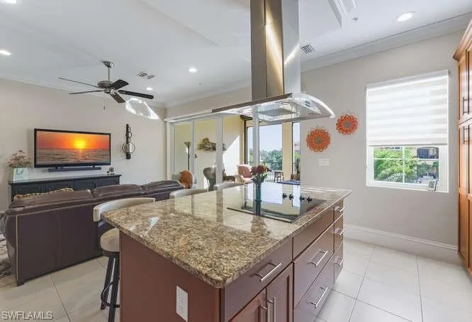 Kitchen with light stone countertops, ornamental molding, a breakfast bar, healthy amount of natural light, and island range hood