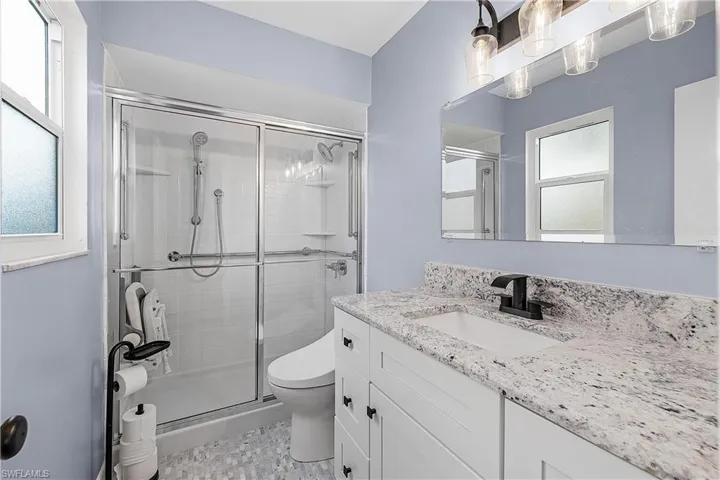 Bathroom featuring a wealth of natural light, vanity, toilet, and a shower stall