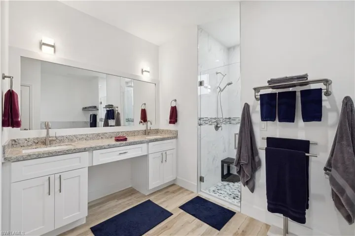 Bathroom with wood-type flooring, vanity, and a shower with shower door