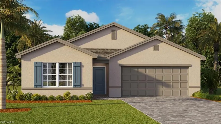 View of front facade featuring stucco siding, an attached garage, decorative driveway, a front yard, and roof with shingles
