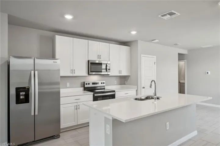Kitchen featuring appliances with stainless steel finishes, a sink, white cabinetry, and visible vents