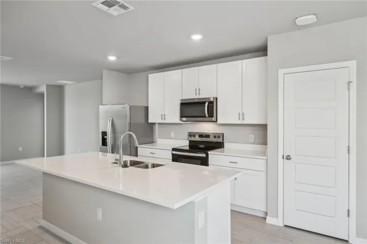 Kitchen featuring a sink, white cabinetry, visible vents, and stainless steel appliances