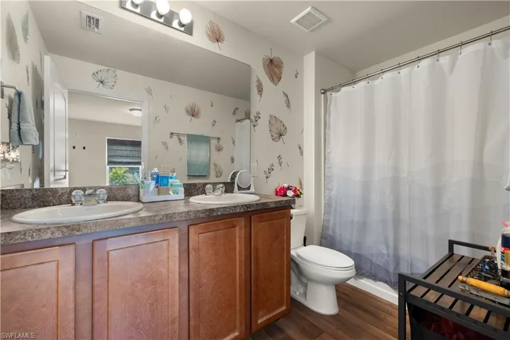 Bathroom with hardwood / wood-style flooring, vanity, a shower with shower curtain, and toilet