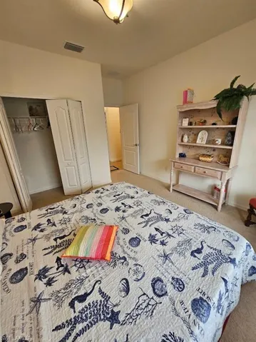 Carpeted bedroom featuring a closet