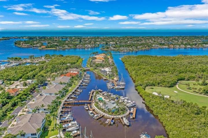 Aerial view of marina looking west