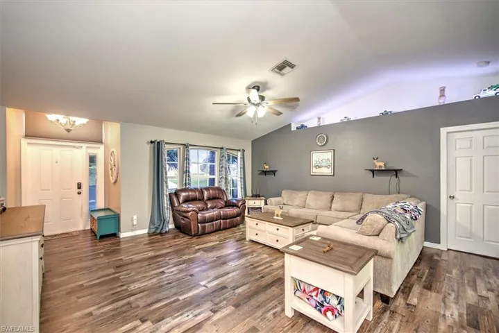 Family room view from the kitchen area