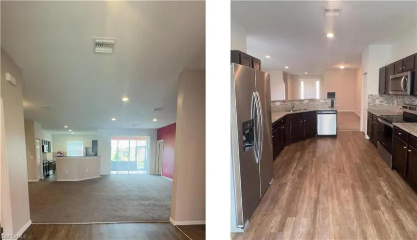 Kitchen featuring open floor plan, appliances with stainless steel finishes, dark wood-type flooring, recessed lighting, and decorative backsplash