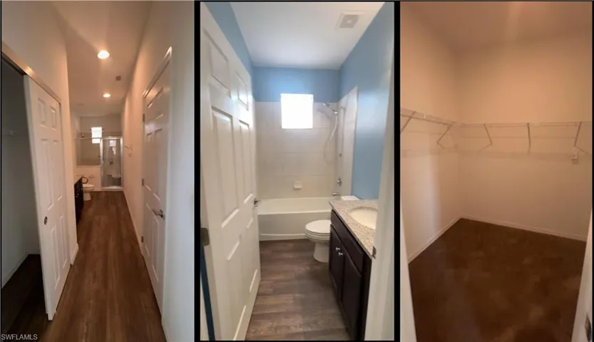 Full bath featuring vanity, a spacious closet,  shower combination, and dark wood finished floors
