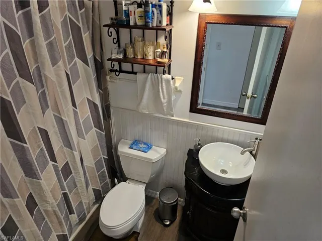 Bathroom featuring vanity, curtained shower, wainscoting, and dark wood-style floors