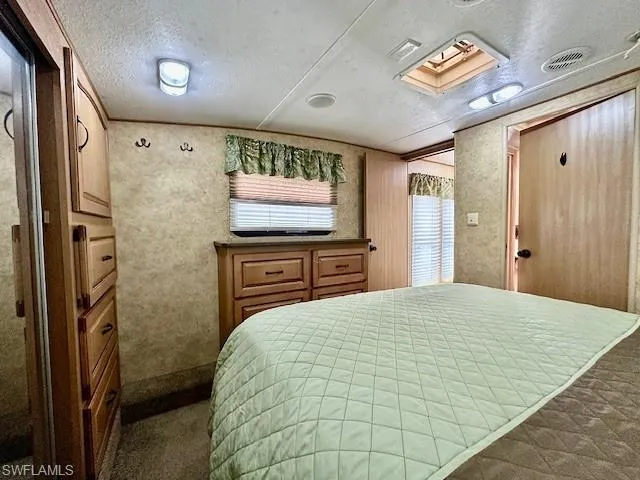 Carpeted bedroom with a textured ceiling and a skylight