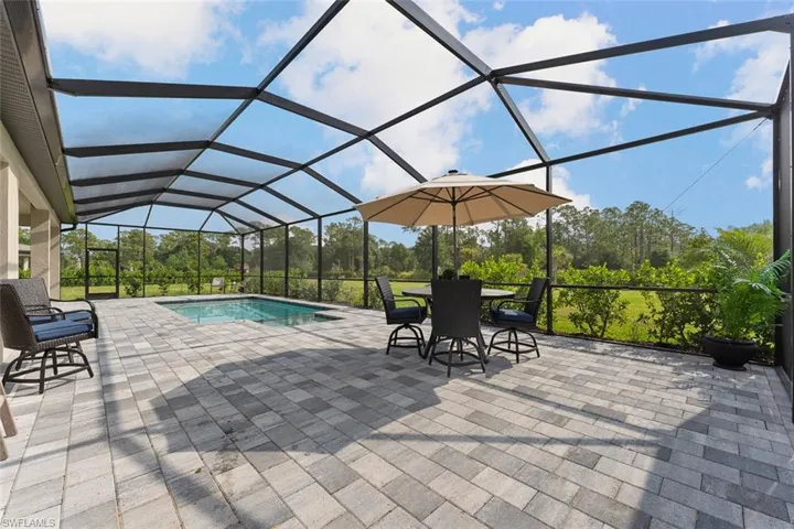 Pool with a patio area and glass enclosure