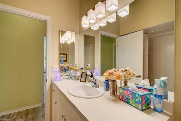 Bathroom with baseboards, curtained shower, wood finished floors, and vanity