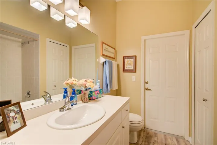Bathroom with a closet, toilet, vanity, and wood finished floors