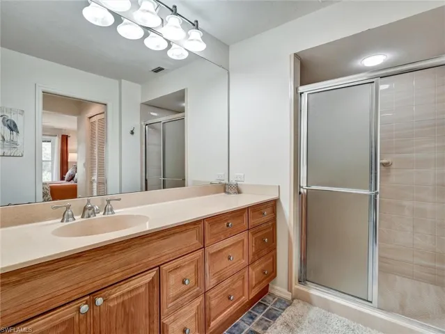 Bathroom with vanity, a stall shower, ensuite bath, and a closet