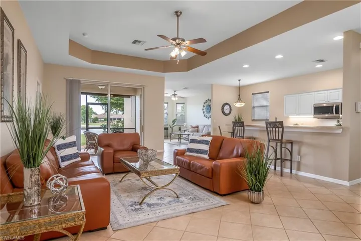open concept living room with lake view