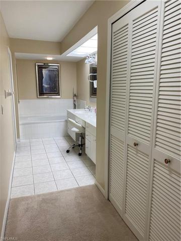 Primary bath with soaking tub and double sinks. Large closet on the right.