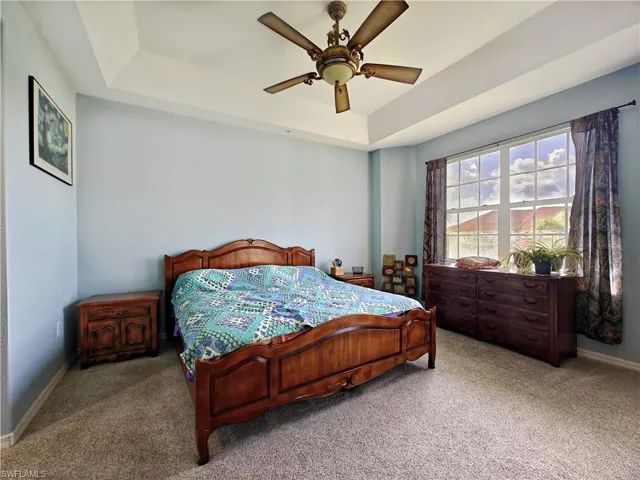 Bedroom with a raised ceiling, carpet, and a ceiling fan
