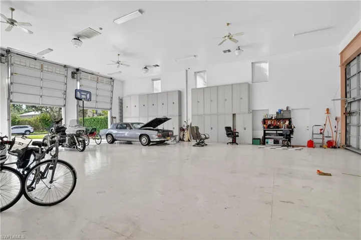 Garage with a ceiling fan