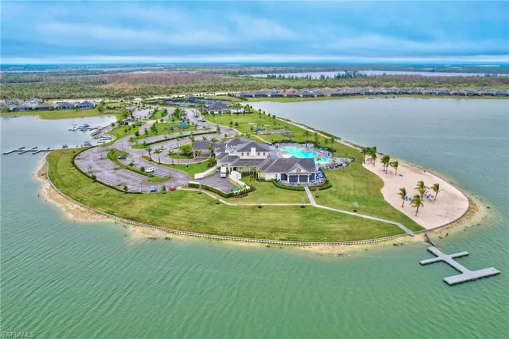 Birds eye view featuring a Lake and Dock