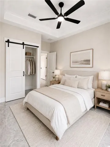 Recessed ceiling with a modern black ceiling fan