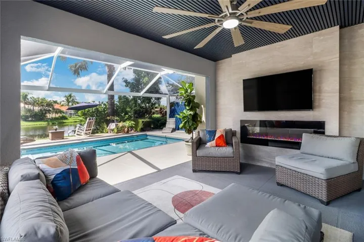 Custom wall and ceiling finishes with outdoor fireplace
