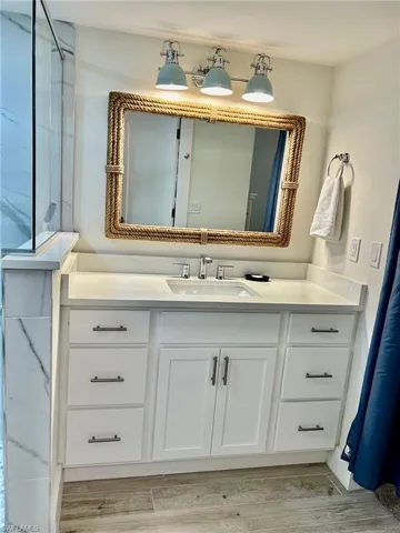 Bathroom with hardwood / wood-style flooring and vanity