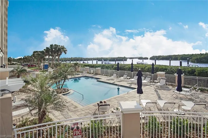 View of swimming pool featuring a water view and a patio area