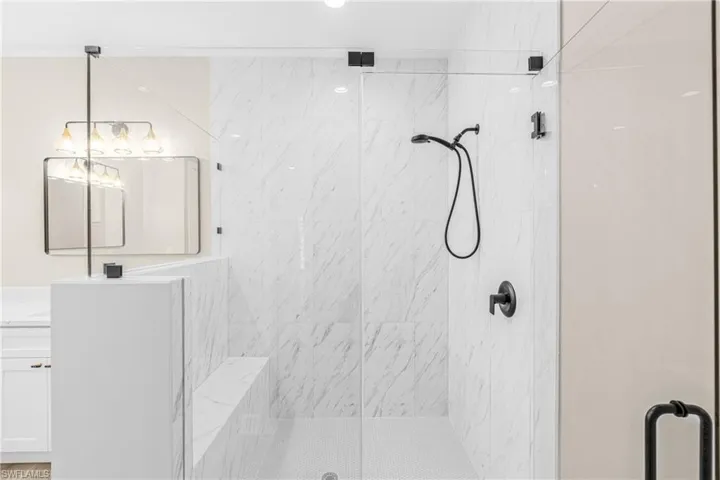Full bath featuring vanity and a shower stall