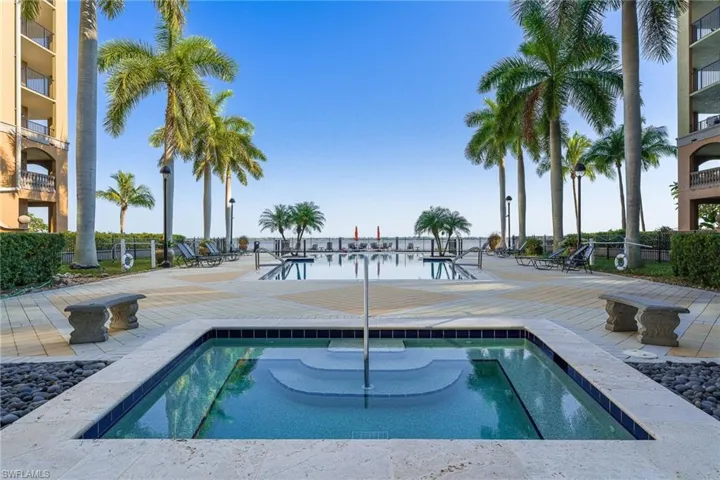 View of pool with a water view