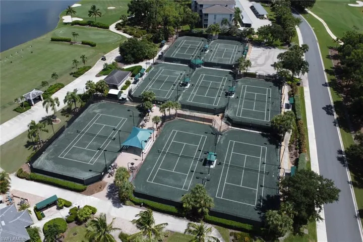 Aerial view of the amenity center with a water view