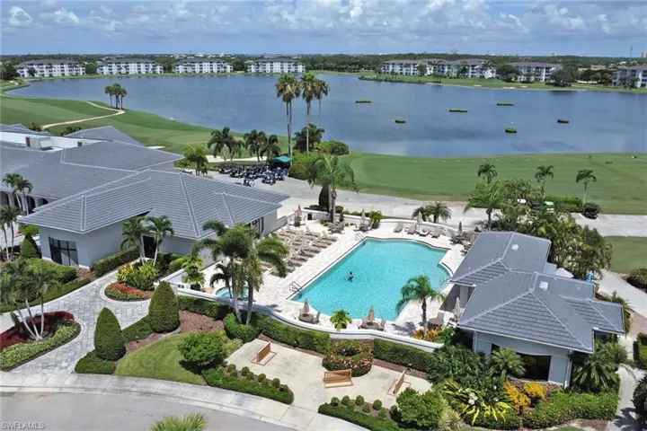 Aerial view of the amenity center with a water view