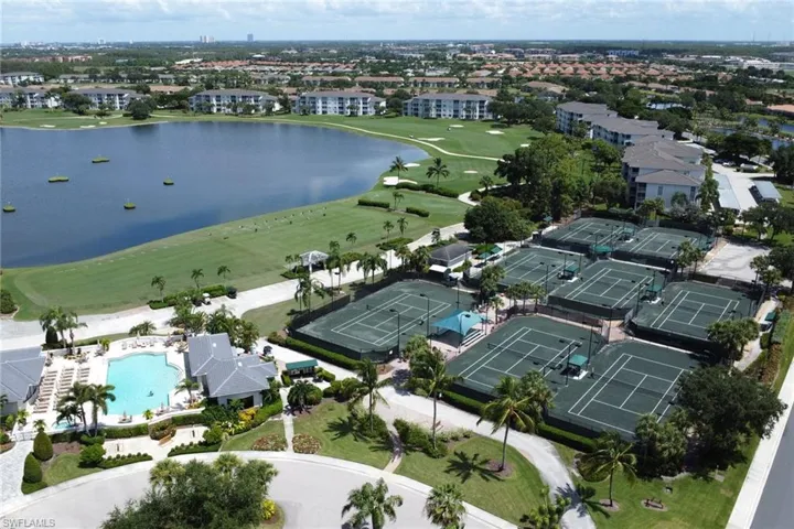 Aerial view of the amenity center with a water view