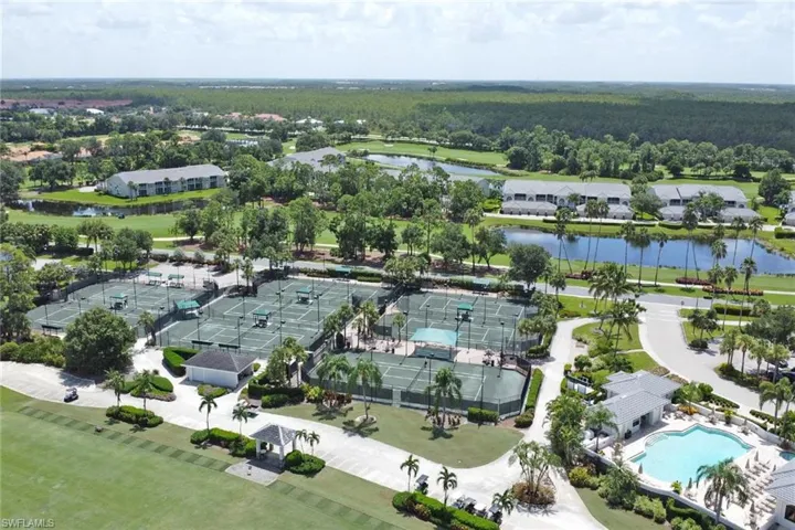 Aerial view of the amenity center with a water view