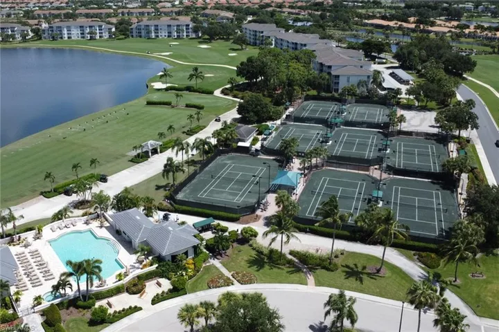 Aerial view of the amenity center with a water view
