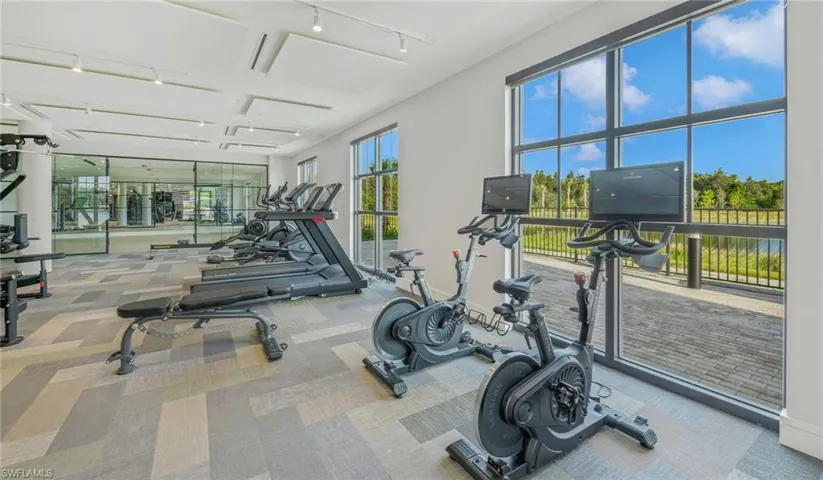 Workout area with baseboards, rail lighting, and carpet