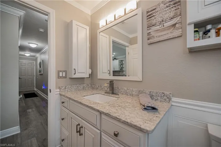 Bathroom featuring ornamental molding, LVT plank wood style floors and vanity