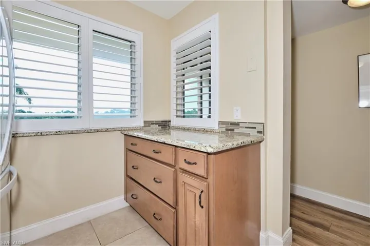 Coffee bar in the kitchen with lots of storage drawer space.
