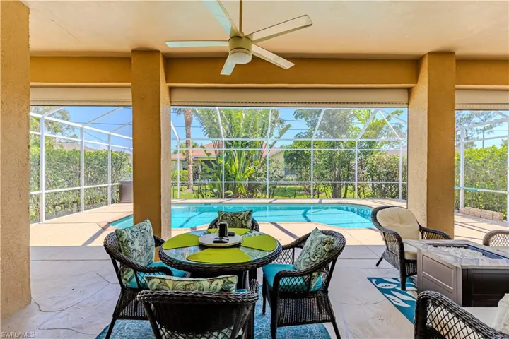 Swimming pool featuring a patio area, screen enclosure, 2 ceiling fans and outdoor lounge area