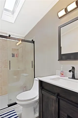 Full bath featuring vanity, ornamental molding, a stall shower, a skylight, and light wood finished floors