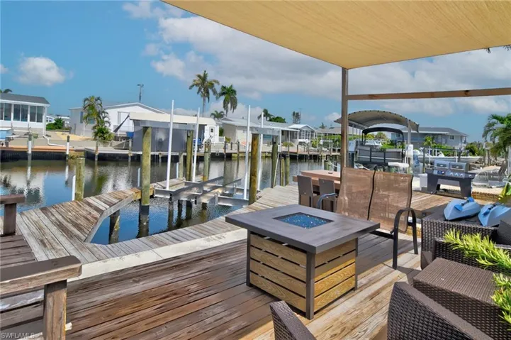 Dock featuring boat lift, a fire pit, a water view, and a residential view