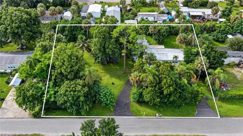 Expansive parcel featuring mature trees, established palm vegetation, and a private gravel driveway