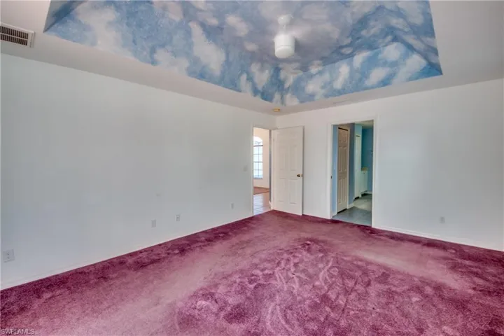 Unfurnished room with a tray ceiling and carpet flooring