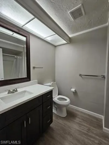 Bathroom featuring vanity, curtained shower, dark wood finished floors, and a textured ceiling