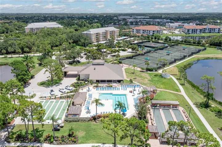 Shuffle board, lap pool, clubhouse, bocce, tennis and pickleball courts.