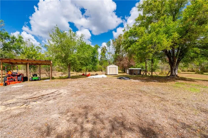 View of yard with a storage shed, view of scattered trees, and a detached carport
