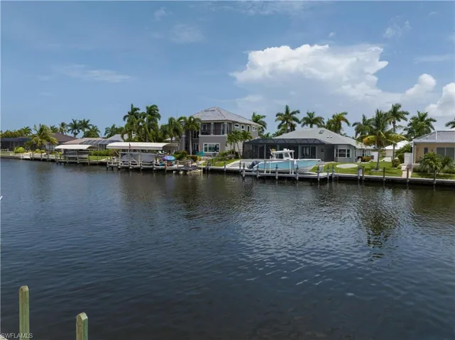 Water view with a boat dock