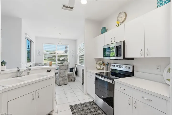 Modern kitchen featuring white cabinetry, a double basin sink, and stainless steel appliances